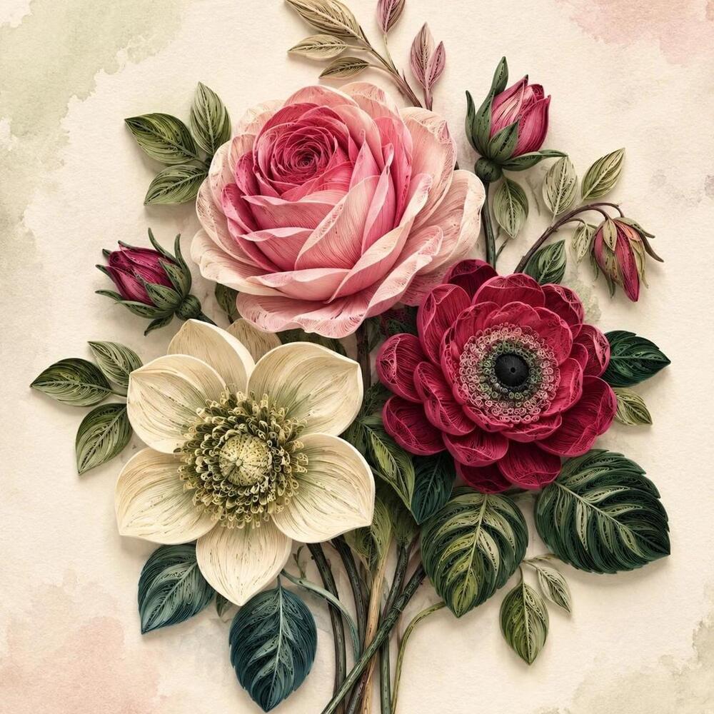 8x10 Framed Floral Bouquet Art Print – Quilled-Style Botanical Wall Decor